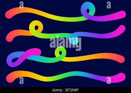 Linee sfumatura colore. Forme ondulate astratte. Elementi a spirale arcobaleno curvi vettoriali su sfondo scuro. Movimenti di gradazione brillanti e dinamici per Illustrazione Vettoriale