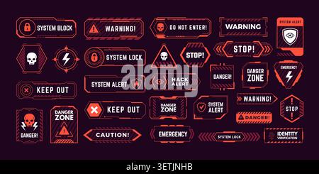 Avvisi di sicurezza. Moderni banner di cyber avvertenza vettoriale con simboli di stop frame di pericolo e icone di blocco digitale raccolta recente Illustrazione Vettoriale