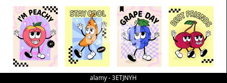 Poster retrò con personaggi di frutta estiva in stile trendy. Simpatici adesivi cartoni animati, funky comico uva doodle, pesca, ciliegia, banana con volti e slogan espressivi. Raccolta di alimenti sani Illustrazione Vettoriale