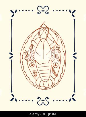 Aragosta d'epoca in una cornice stravagante disegnata a mano per un ristorante di pesce o una caffetteria. Disegno lineare Doodle con inchiostro. Illustrazione Vettoriale