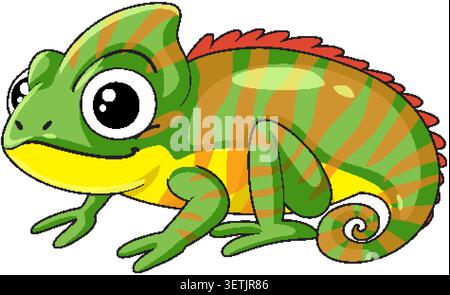 Vivace vettore camaleonte cartoni animati con pelle verde e strisce arancioni su sfondo bianco Illustrazione Vettoriale