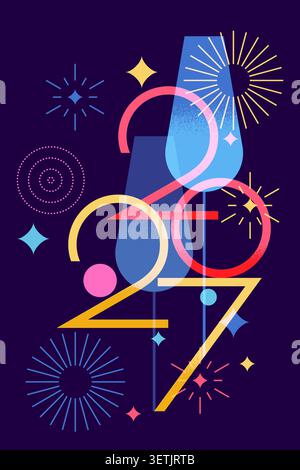Banner verticale Capodanno 2027. Illustrazione piatta vettoriale di cocktail o champagne e fuochi d'artificio. Elementi di design per l'invito alle feste serali, per le feste Illustrazione Vettoriale