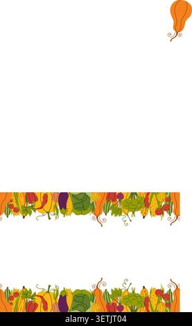 Bordo vegetale senza cuciture nella cornice orizzontale. Atmosfera da fattoria fresca. Ideale per cartoline di ricette, arte da parete di cucina o poster del mercato agricolo Illustrazione Vettoriale