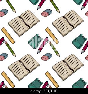 Modello vettoriale senza interruzioni delle forniture scolastiche, compresi quaderni, matite, gomme, righelli, e zaini su sfondo bianco. Illustrazione Vettoriale