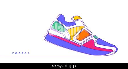 Sneaker multicolore. Scarpe sportive di linea. Sneakers da schizzo per la tua creatività.pubblicità di scarpe . Illustrazione Vettoriale