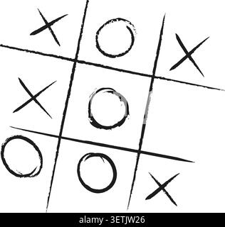 Griglia di gioco TIC-tac-toe disegnata a mano con pennellate a inchiostro nero, con X e OS Illustrazione Vettoriale