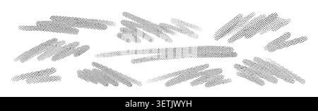 Set di trame di pennello mezzitoni grigi isolate su sfondo bianco, utili come elementi di design grunge, banner, sovrapposizioni e schiena astratta moderna Illustrazione Vettoriale