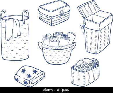 Set di cestelli ecologici in iuta e tessuto. Natural Home Organization e Zero Waste Lifestyle Accessories. Contorno isolato blu disegnato a mano Illustrazione Vettoriale
