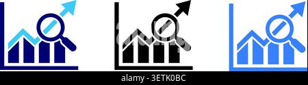Insieme di icone a glifo solido che rappresentano la ricerca di mercato e l'analisi finanziaria. Include tre varianti di colore blu e nero. Ideale per clienti aziendali Illustrazione Vettoriale
