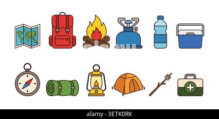 Set di icone dell'attrezzatura da campeggio e da trekking Illustrazione Vettoriale
