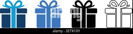 Quattro confezioni regalo stilizzate con nastri in blu navy, azzurro, nero e argento. Icone vettoriali piatte progettate per il marketing natalizio e il prodotto e-commerce Illustrazione Vettoriale