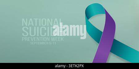 Concetto di settimana nazionale di prevenzione del suicidio. Banner per settembre 5-11 con teal e viola nastro di consapevolezza e testo. Illustrazione vettoriale. Illustrazione Vettoriale