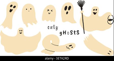 Simpatici fantasmi kawaii. Divertente set di personaggi disegnati a mano per il design di Halloween. Collezione di clip art retrò. Illustrazione Vettoriale