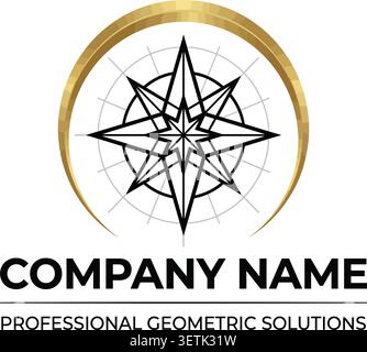 "Questo logo presenta una sofisticata stella geometrica a bussola posta su una griglia circolare, incorniciata da un elegante arco metallico dorato. Illustrazione Vettoriale