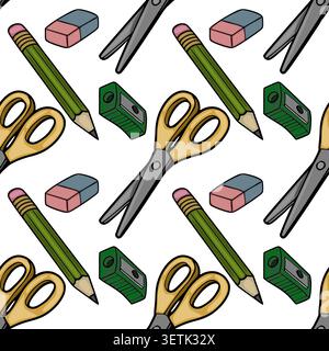 Modello vettoriale senza interruzioni delle forniture scolastiche, incluse matite, gomme e forbici, su sfondo bianco. Illustrazione Vettoriale