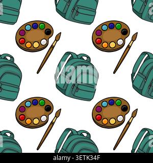 Motivo vettoriale senza cuciture di zaini color ottanio e tavolozze artistiche colorate con pennelli su sfondo bianco Illustrazione Vettoriale