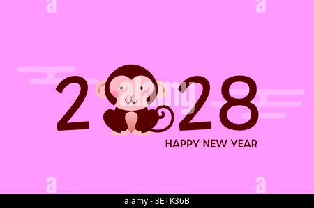 Testo divertente per il Capodanno 2028 con una scimmia dei cartoni animati. Modello di banner orizzontale per biglietto di auguri del Capodanno cinese dello Scimmia 2028. Illustrazione Vettoriale