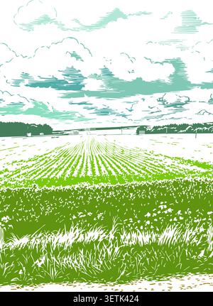 Illustrazione vettoriale di un bellissimo paesaggio estivo. Disegnato a mano. Non IA Illustrazione Vettoriale