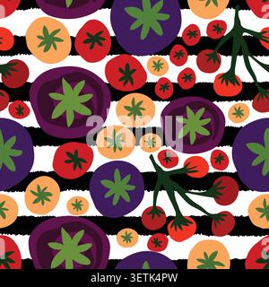 Pomodori estivi su strisce nere con sfondo bianco motivo senza cuciture Illustrazione Vettoriale