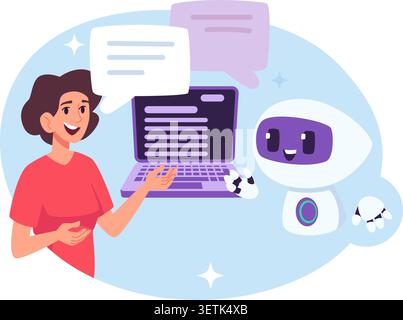 Supporto chatbot. Donna vettoriale che parla con l'assistente ai vicino a bolle vocali del notebook e interfaccia di guida in linea Illustrazione Vettoriale