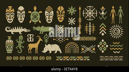 Modelli etnici. Simboli vettoriali tribali maschere ornamenti e bordi geometrici in stile etnico africano hanno stabilito la collezione recente Illustrazione Vettoriale