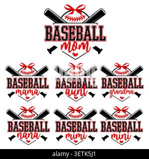 Pacchetto famiglia baseball SVG. Mamma, mamma, zia, nonna, Nana Designs. Illustrazione Vettoriale