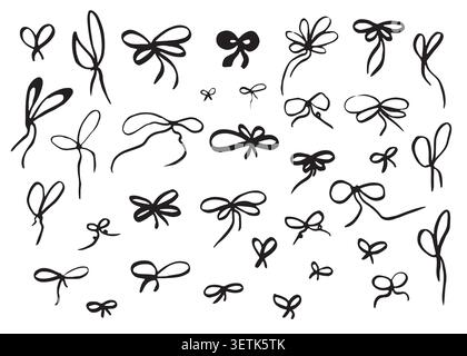 Doodle coquette con fiocchi. Disegni minimalisti a mano libera di nodi diversi e nastri regalo Illustrazione Vettoriale