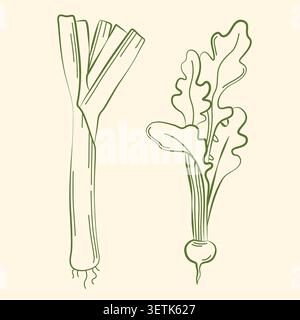 Verdure estive trafilate a mano, disegni artistici a filo di ravanello e porro per alimentari, mercato agricolo, ingredienti da cucina, menu Illustrazione Vettoriale