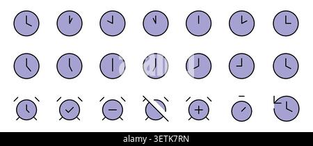 Icone ora piena Imposta illustrazione vettoriale traccia modificabile. Orologio a parete, sveglia, Timer, promemoria e gestione del tempo Illustrazione Vettoriale