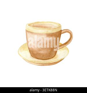 Tazza da tè ad acquerello con illustrazione isolata a piattino. Accogliente clipart disegnato a mano in calde tonalità beige per l'istruzione, l'aula, i pianificatori di studio, gli adesivi, Foto Stock