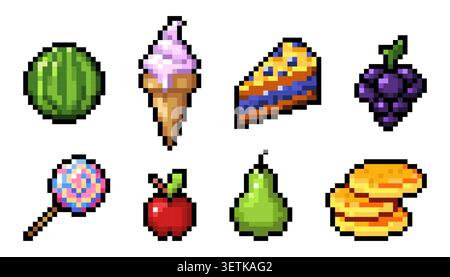 Pixel art frutta e dolci icone di mele, pere, uva e anguria, cibo vettoriale, pittogrammi di dessert su sfondo bianco. Torta, cono gelato e pancake in un vivace stile di gioco retrò a 8 bit Illustrazione Vettoriale