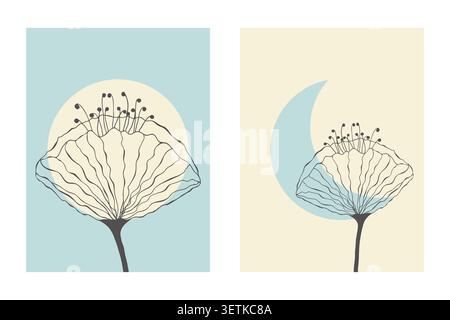 Pareti d'arte botanica minimalista con fiori astratti disegnati a mano, sole crema e luna crescente blu su sfondi pastello, ideale per poster e biglietti d'auguri boho moderni. Illustrazione vettoriale Illustrazione Vettoriale