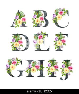 Alfabeto floreale vettoriale acquerello per inviti di nozze, biglietti di auguri, compleanno, logo, poster e altro ancora. Illustrazione Vettoriale