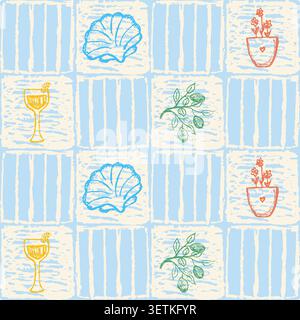 Piastrelle in stile amalfitano motivo senza cuciture con limoncello, olive, conchiglie e vasi di fiori. Sfondo quadrato retrò. Maiolica italiana stilizzata costiera. Io Illustrazione Vettoriale