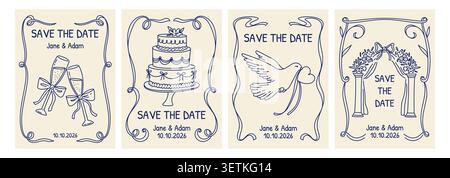 Tessera nuziale. Poster romantico disegnato a mano. Doodle Coquette adora gli elementi per inviti, menu per brunch, carte da festa con cornice decorativa a nastro. Vettore Illustrazione Vettoriale