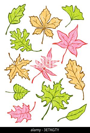 Insieme di vettori di trama delle foglie autunnali di schizzo Illustrazione Vettoriale