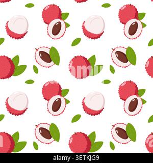 Motivo a base di litchi senza cuciture con foglie intere, tagliate a metà e su sfondo bianco, design tropicale perfetto per tessuti, imballaggi, Illustrazione Vettoriale