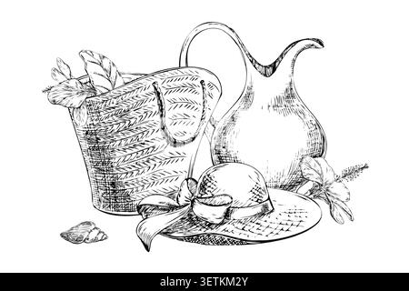 Resort mediterraneo STILL LIFE con cestino e brocca per cappelli di paglia. Schizzo a inchiostro nero disegnato a mano con fiori di ibisco e conchiglia isolata su bianco per Illustrazione Vettoriale