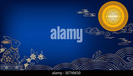 Banner orizzontale modificabile per il Festival di metà autunno con coniglio dorato, rami di osmanto e luna con spazio per l'intestazione del sito Web e gli annunci digitali Illustrazione Vettoriale