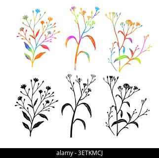 Fiori minimalisti simili a margherita con fogliame vettore botanico di coreopsis linea di fiori arte stellarria fiori di fiori selvatici giardino di piante coreopsis Illustrazione Vettoriale