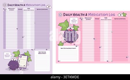 Pianificazione farmaci e set di tracciamento dei sintomi. Pagine stampabili di Wellness Planner con carino personaggio Kawaii Nurse Mascot. Registro giornaliero salute e farmaci Illustrazione Vettoriale