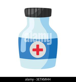 Bottiglia di medicina con un simbolo a croce rossa che rappresenta l'uso sanitario e farmaceutico per la salute e il benessere Illustrazione Vettoriale