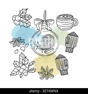 Collezione di doodle natalizie invernali con spruzzi di acquerello isolati su sfondo bianco. Elementi natalizi disegnati a mano, tra cui bacche di agrifoglio Illustrazione Vettoriale