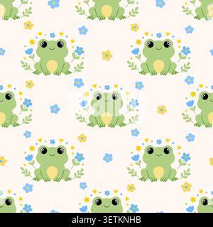 Motivo senza cuciture con rane cartoni animati e fiori primaverili. Sfondo con carattere rospo verde per la progettazione di superfici. Illustrazione Vettoriale