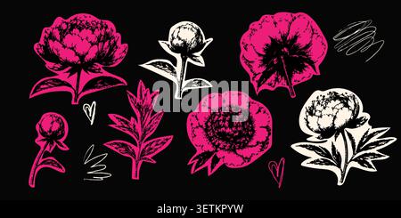 Set di adesivi botanici vintage con boccioli di peonia rosa e fogliame con forme ritagliate. Illustrazione Vettoriale