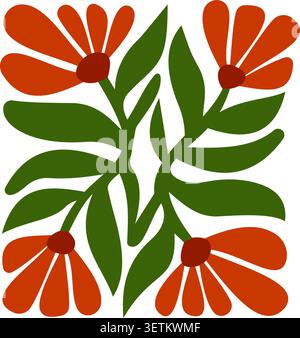 Illustrazione vettoriale stilizzata di un bouquet di fiori selvatici con foglie verdi a strati e petali di fiori arancioni/marroni caldi. Pulito, moderno, ispirato alla natura Illustrazione Vettoriale