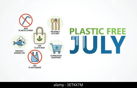 Illustrazione di luglio senza plastica che promuove l'eliminazione degli sprechi, uno stile di vita ecologico, prodotti riutilizzabili e la consapevolezza ambientale per la sostenibilità g Illustrazione Vettoriale
