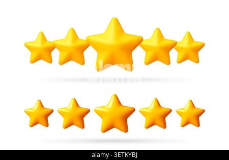 Icona di classificazione a cinque stelle gialle in stile 3D. Illustrazione Vettoriale