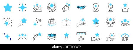 Le icone di taratura e raggiungimento riempite impostano l'illustrazione del vettore di traccia modificabile. Star, Review, Award, Favorite e Customer Satisfaction Illustrazione Vettoriale