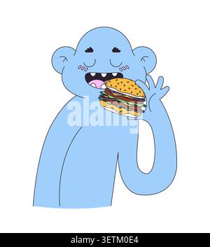 Funky mascotte blu che mangia hamburger personaggio dei cartoni animati 2D. Illustrazione Vettoriale